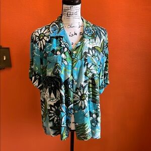 Chico's Blue and Black Boxy Button Down Shirt with Notched Collar